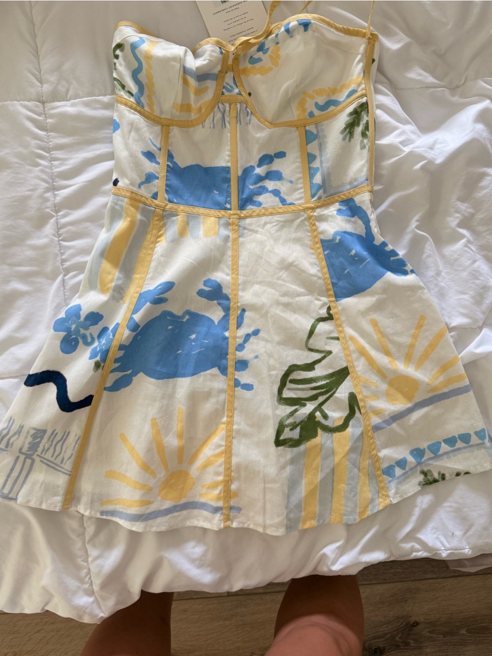 Sabo Skirt Strapless White Sundress with Blue, Yellow & Green Print